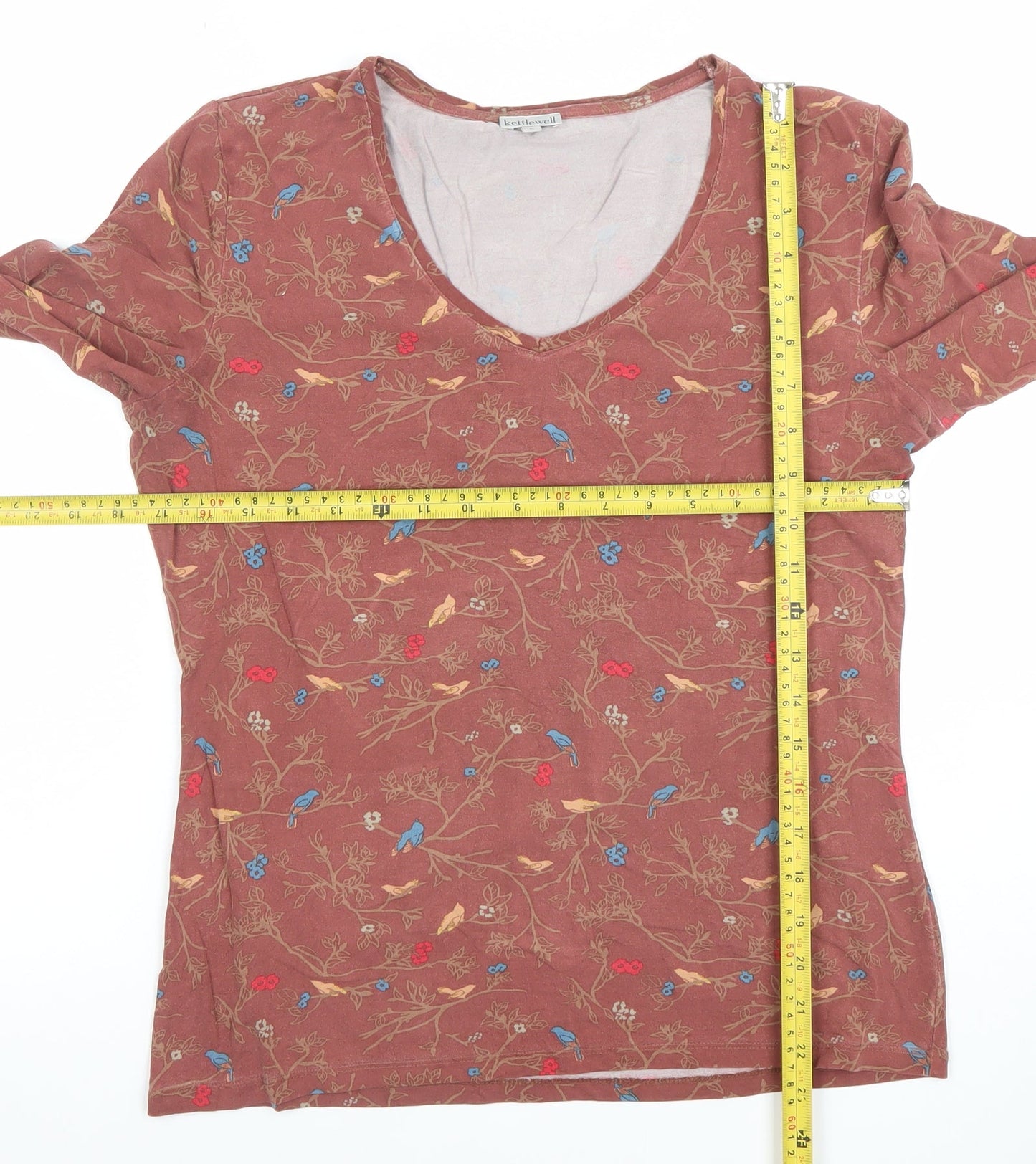 Kettlewell Women Brown Floral Bird Print Long Sleeve V-Neck Top Size L