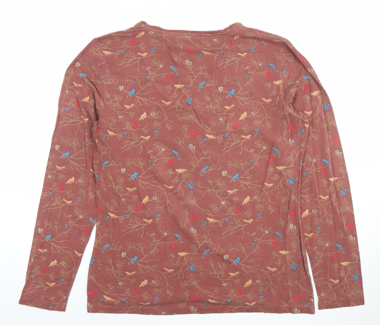 Kettlewell Women Brown Floral Bird Print Long Sleeve V-Neck Top Size L