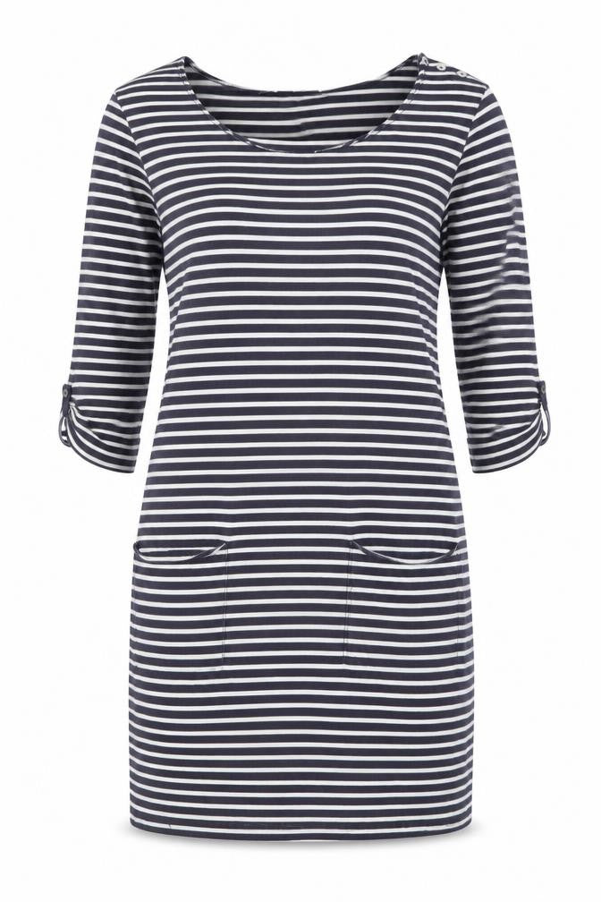 White Stuff Women Blue Striped Shift Dress Size 8 3/4 Sleeve
