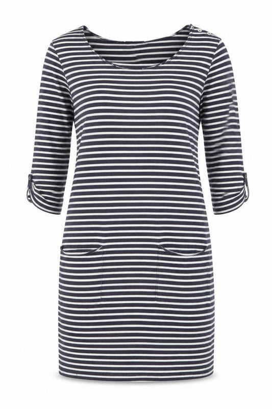 White Stuff Women Blue Striped Shift Dress Size 8 3/4 Sleeve