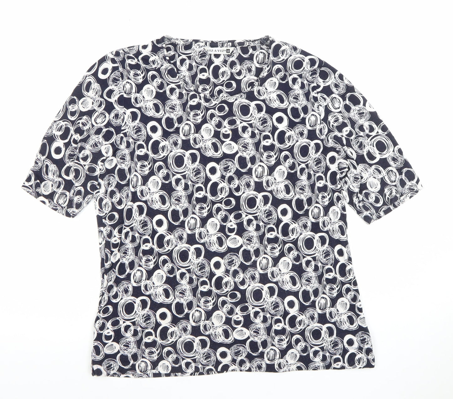 VIZ-A-VIZ Womens Blue Geometric Short Sleeve Stretch Top Size 12