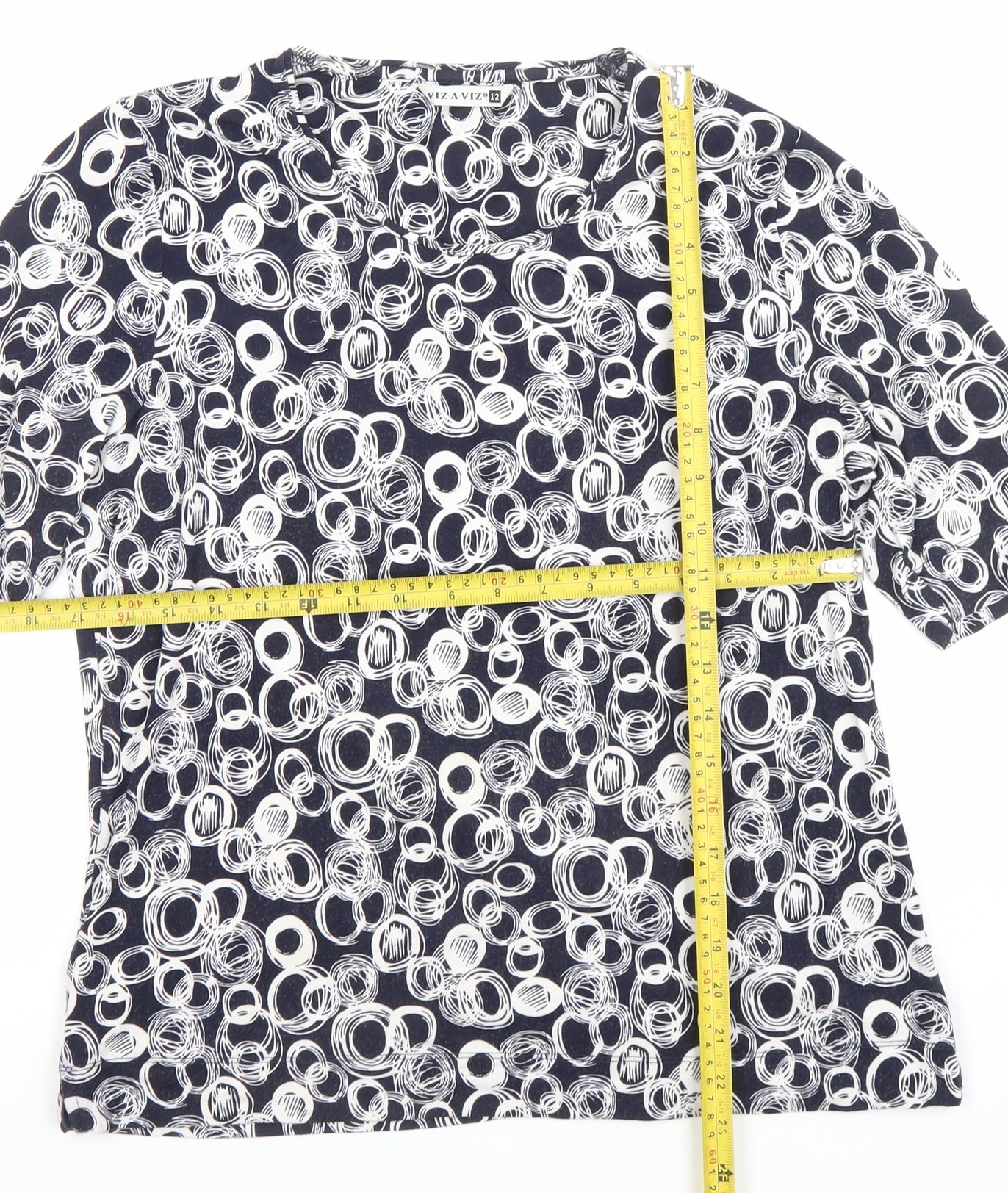 VIZ-A-VIZ Womens Blue Geometric Short Sleeve Stretch Top Size 12