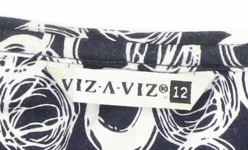 VIZ-A-VIZ Womens Blue Geometric Short Sleeve Stretch Top Size 12