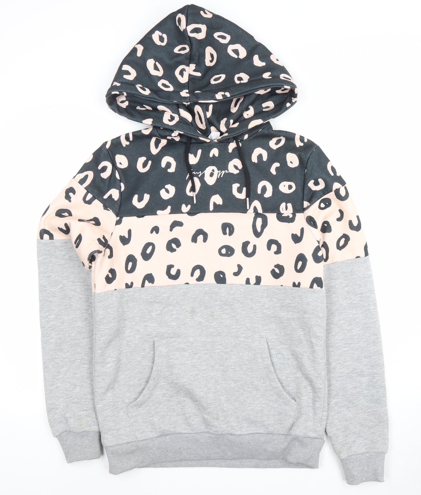 JustHype Womens Grey Pink Leopard Print Pullover Hoodie Size 8
