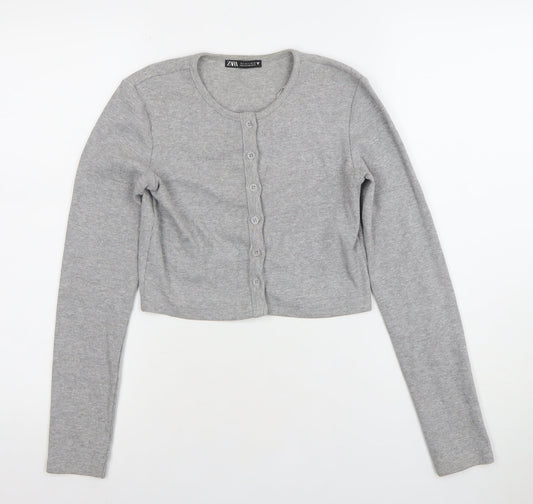 Zara Womens Grey Cropped Button-Up Long Sleeve Top Size S