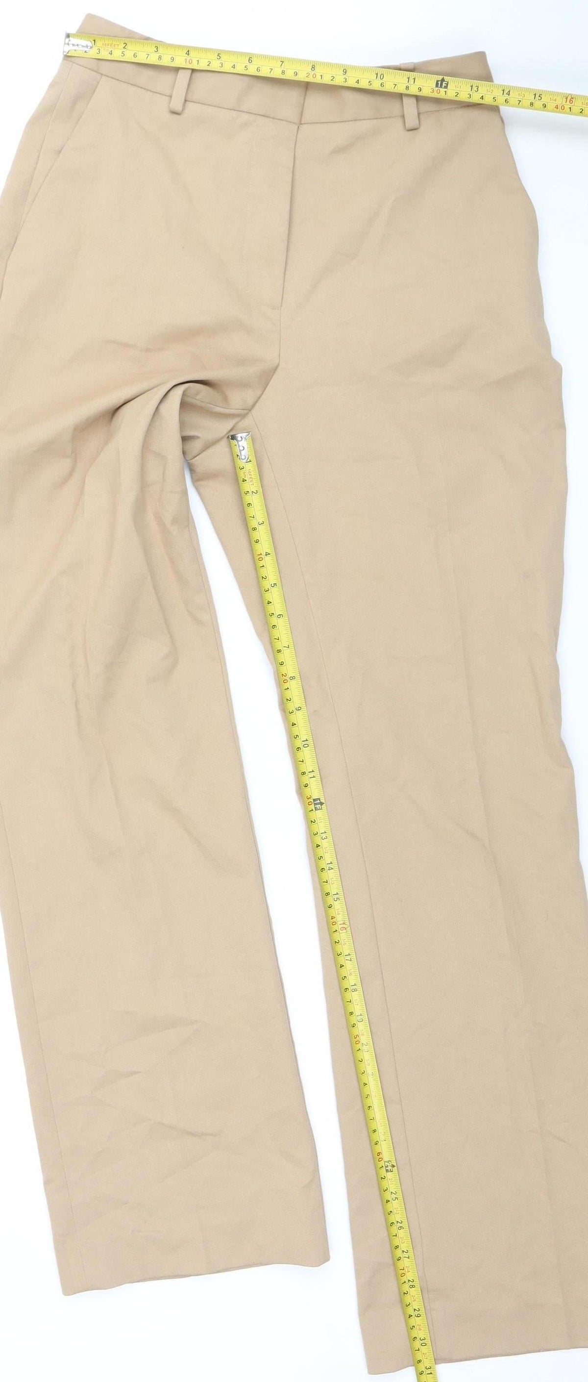Zara Women Beige Chino Trousers S Mid Rise Regular Fit Cotton Blend