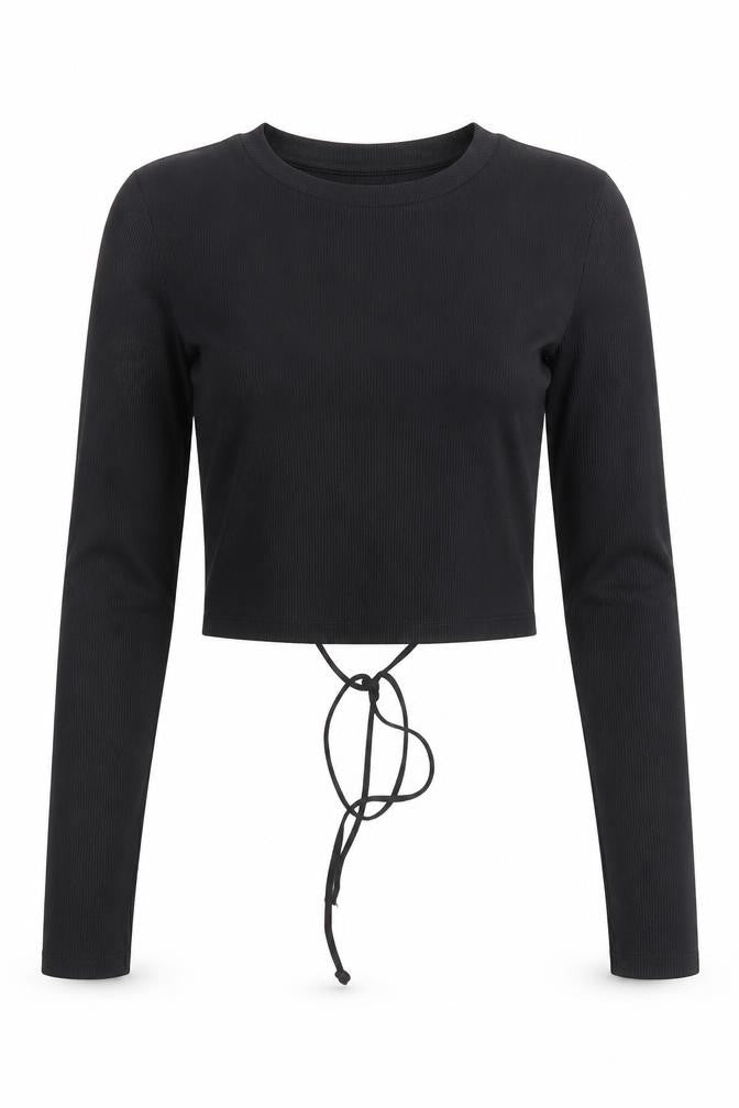 Bershka Women’s Black Cropped Lace Up Long Sleeve Top Size S