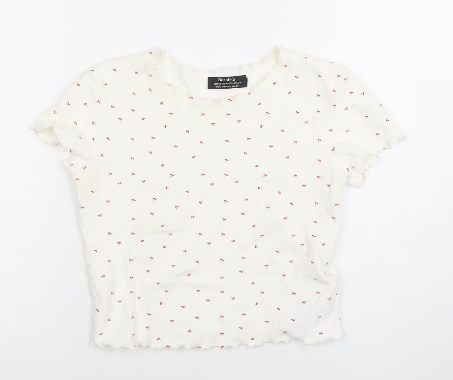 Bershka Womens White Cherry Print Ribbed Short Sleeve T-Shirt XS