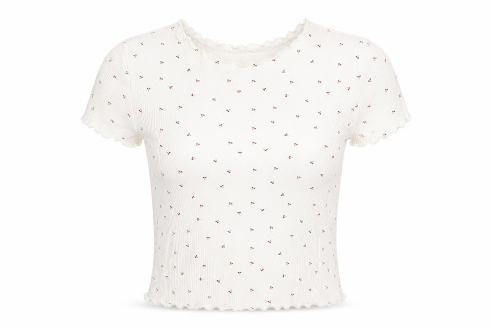 Bershka Womens White Cherry Print Ribbed Short Sleeve T-Shirt XS