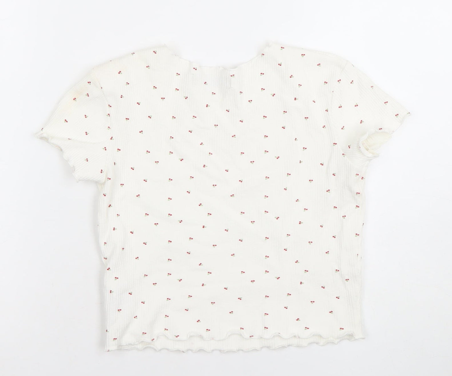Bershka Womens White Cherry Print Ribbed Short Sleeve T-Shirt XS