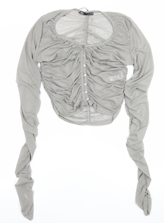 Zara Women Grey Ruched Mesh Long Sleeve Button-Up Top L