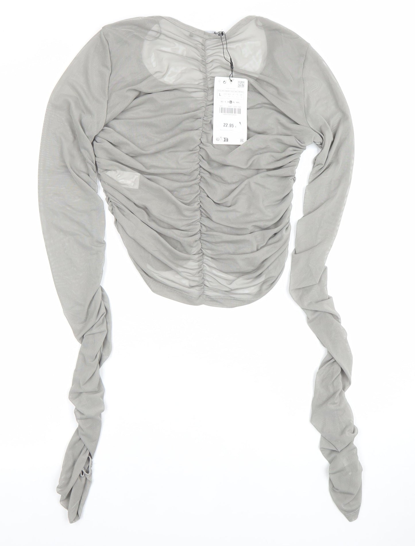 Zara Women Grey Ruched Mesh Long Sleeve Button-Up Top L