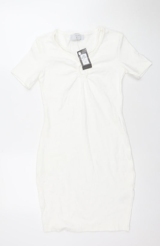 Primark Women’s White Bodycon Ruched Short Sleeve Dress Size 8