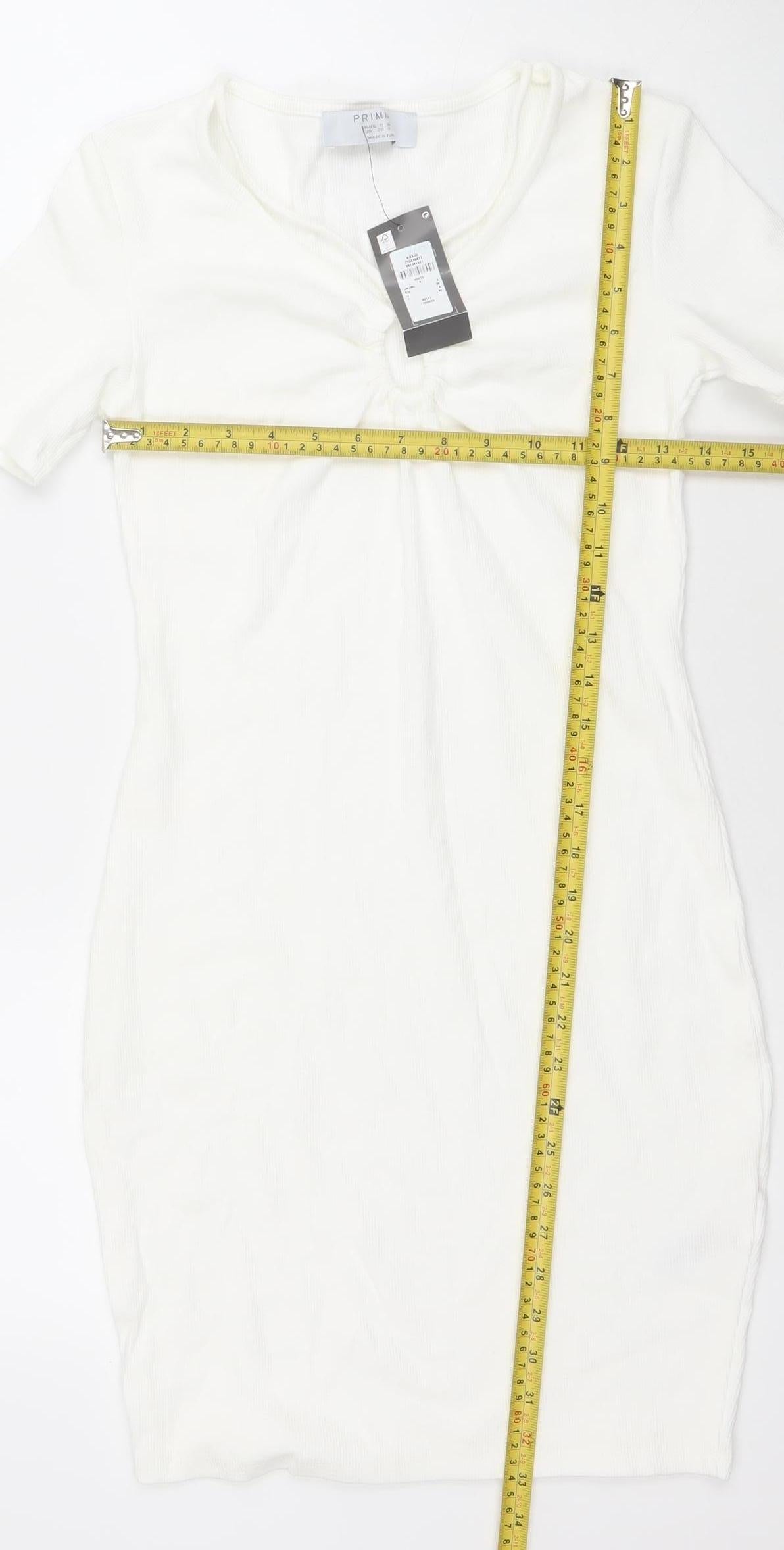 Primark Women’s White Bodycon Ruched Short Sleeve Dress Size 8