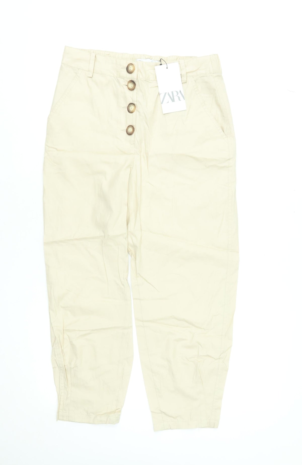 Zara Women Beige Cotton Cropped Trousers XS High Waist Button Front