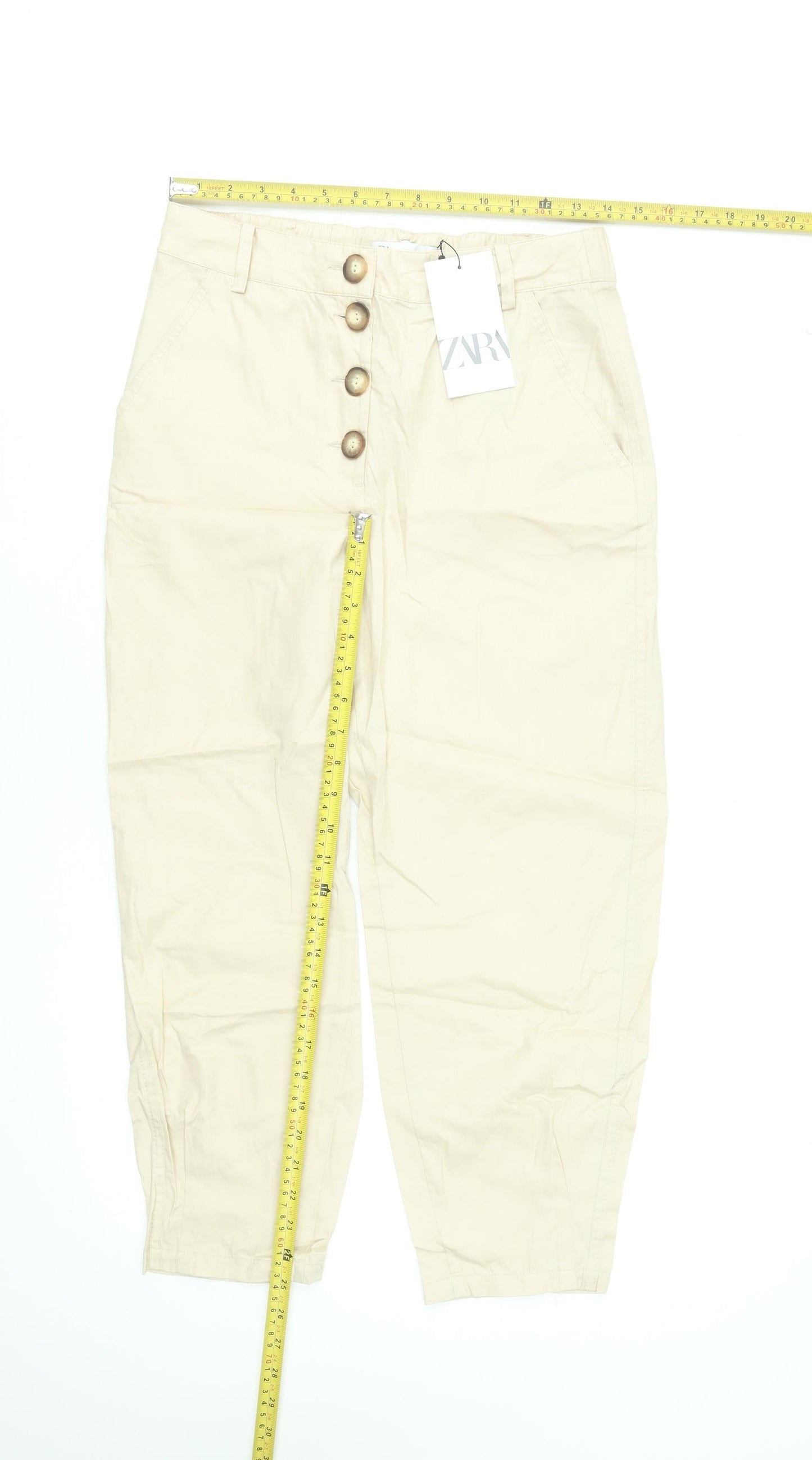 Zara Women Beige Cotton Cropped Trousers XS High Waist Button Front