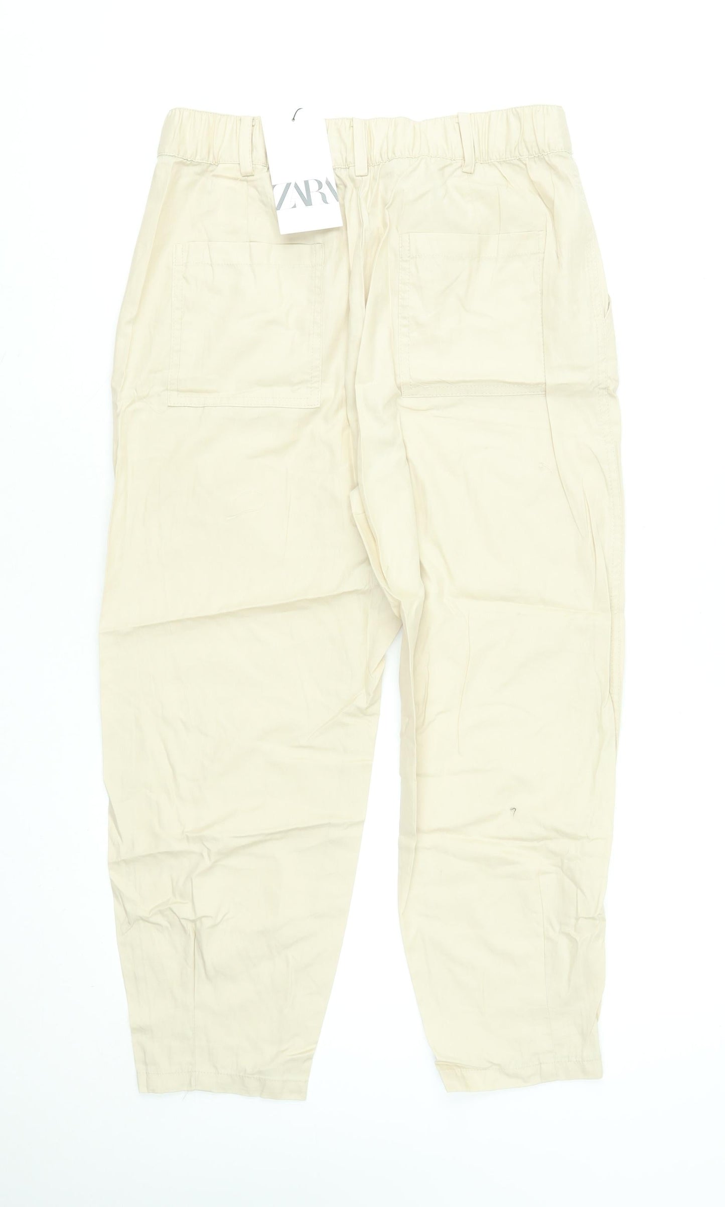 Zara Women Beige Cotton Cropped Trousers XS High Waist Button Front