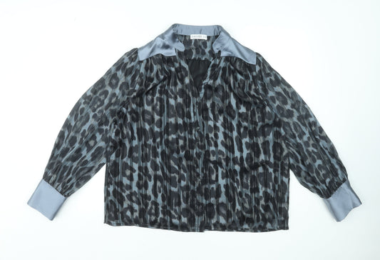 Gallery Women’s Grey Animal Print Sheer Long Sleeve Blouse Size 14
