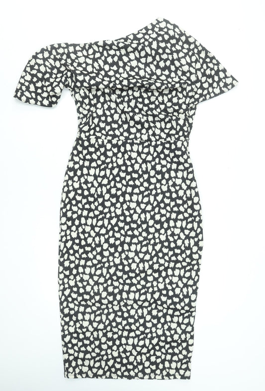 ASOS Women Black Animal Print One Shoulder Bodycon Dress Size 12