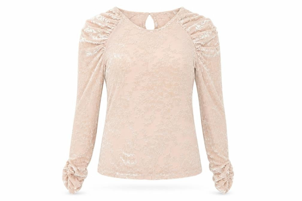 Morgan Women’s Beige Velvet Floral Long Sleeve Blouse S