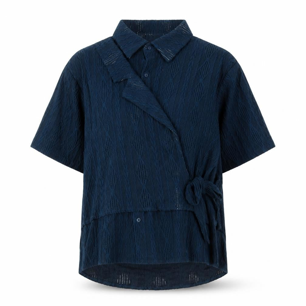 Ichoise Women's Blue Wrap Blouse Short Sleeve L Cotton Blend Top