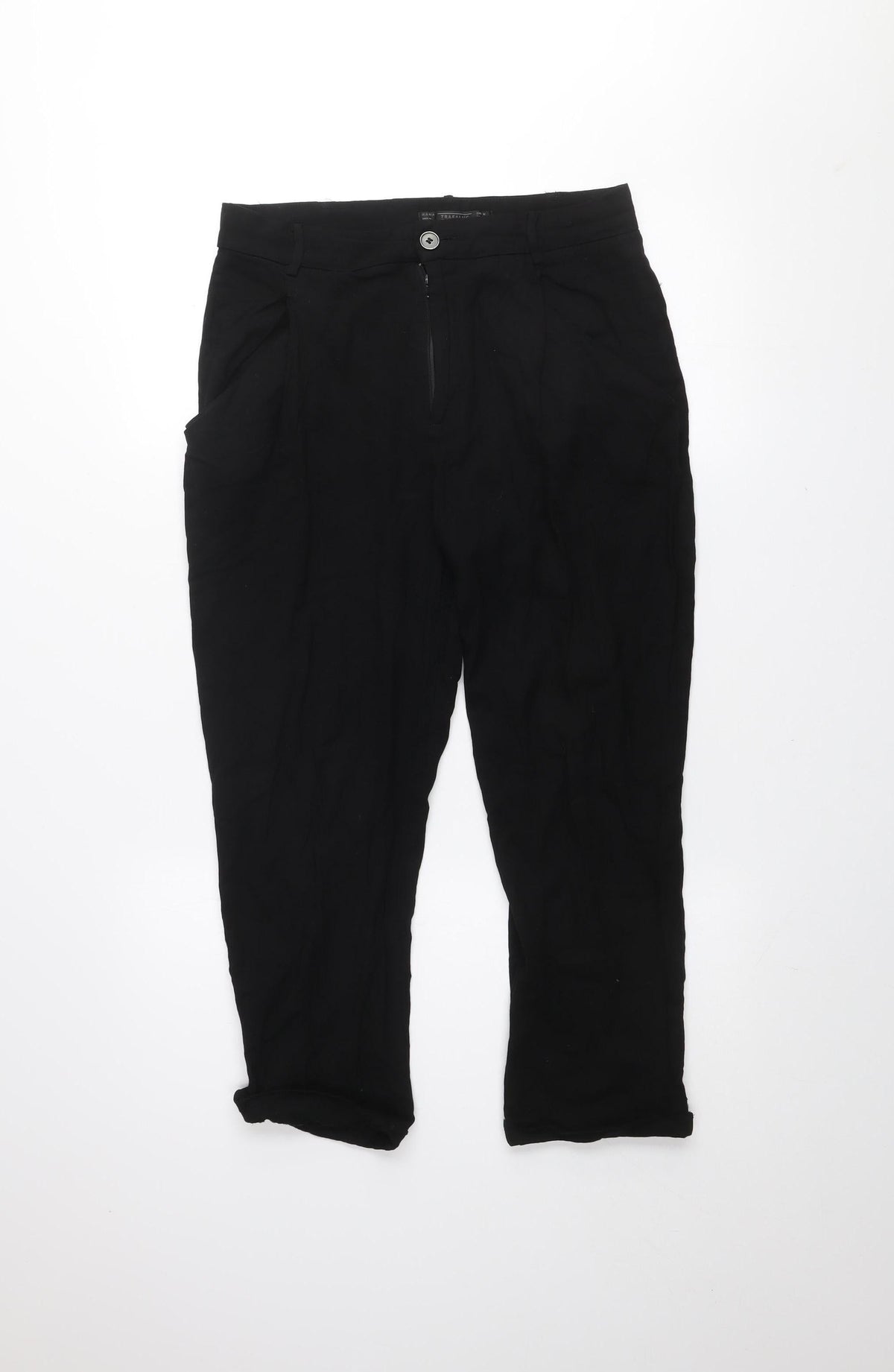 Zara Women Black Cropped Cotton Trousers Size M