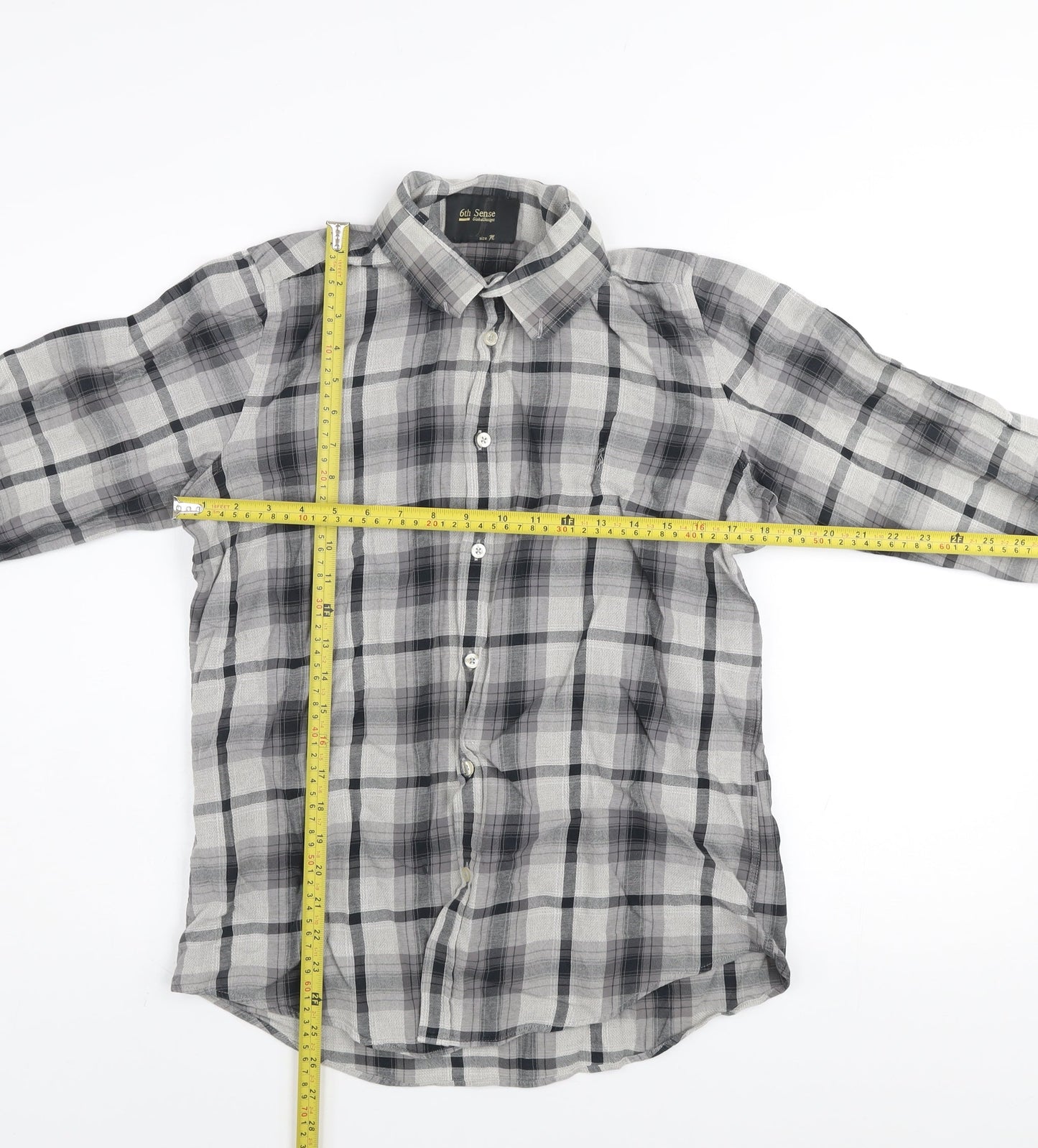 6th Sense Men's Grey Checked Cotton Long Sleeve Button-Up Shirt M