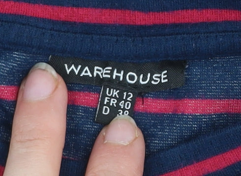 Warehouse Women's Blue Striped 3/4 Sleeve Crew Neck Jersey Top Size 12