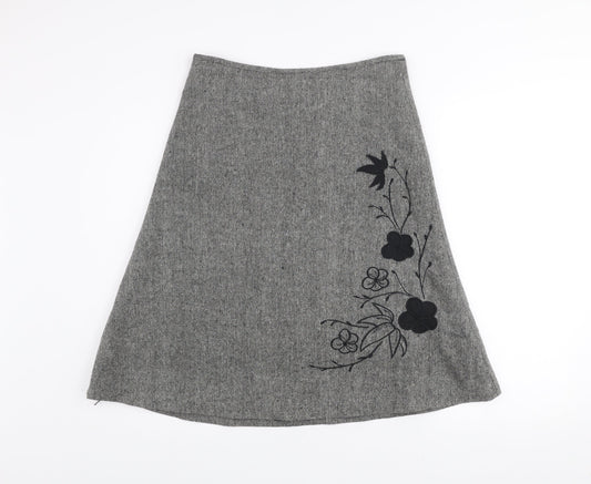 St. Bernard for Dunnes Stores Grey Wool Blend A-Line Floral Embroidered Skirt Women's Size 8