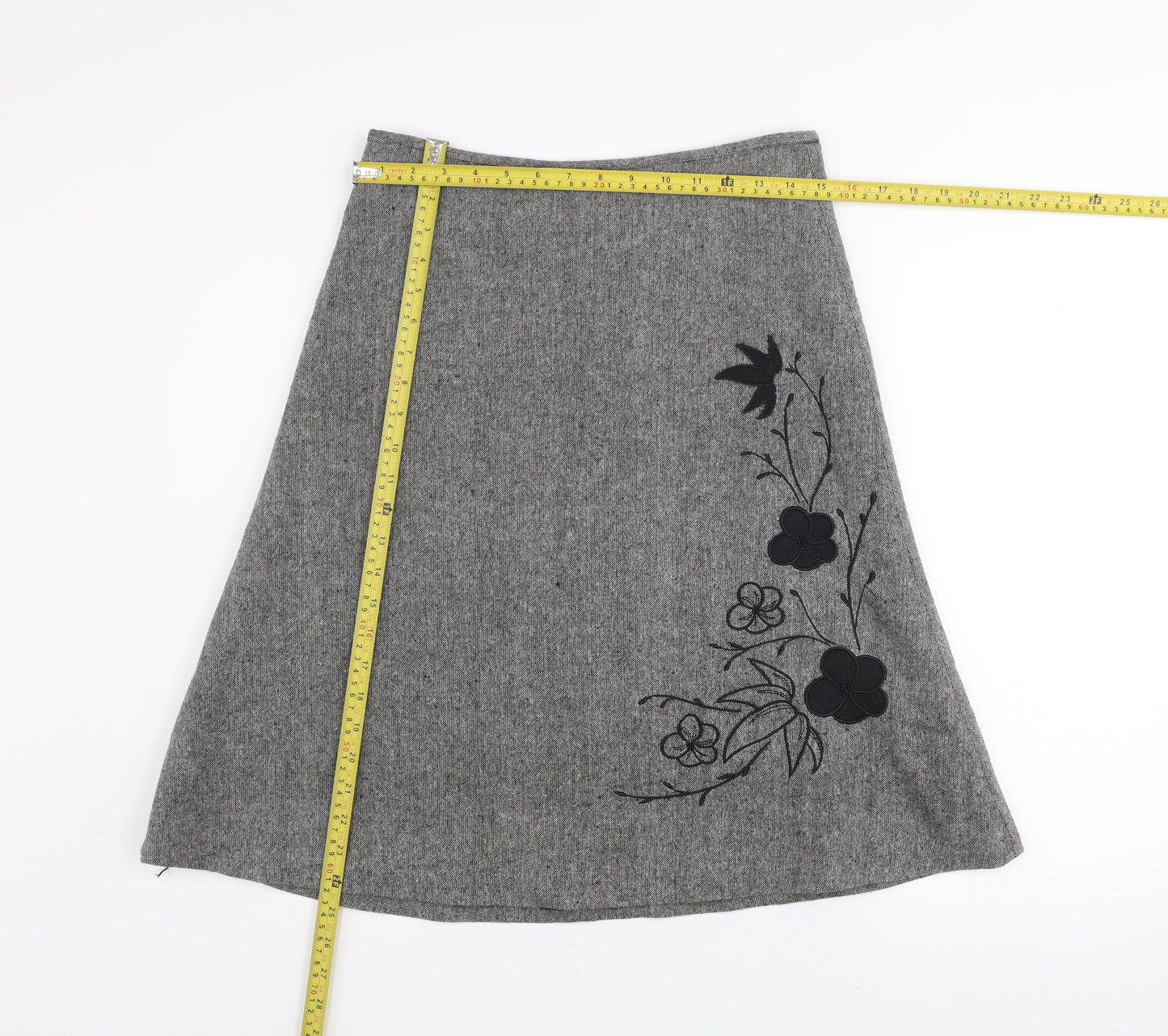 St. Bernard for Dunnes Stores Grey Wool Blend A-Line Floral Embroidered Skirt Women's Size 8