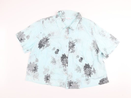 Dressbarn Women Blue Floral Rayon Short Sleeve Button-Up Top Size 24