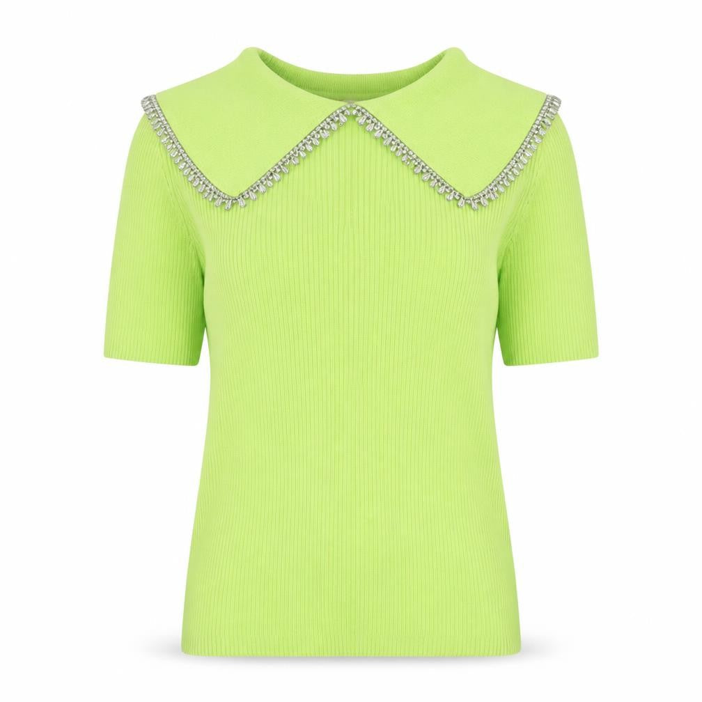 Savida Womens Green Beaded Collar Short Sleeve Knit Top Size 12
