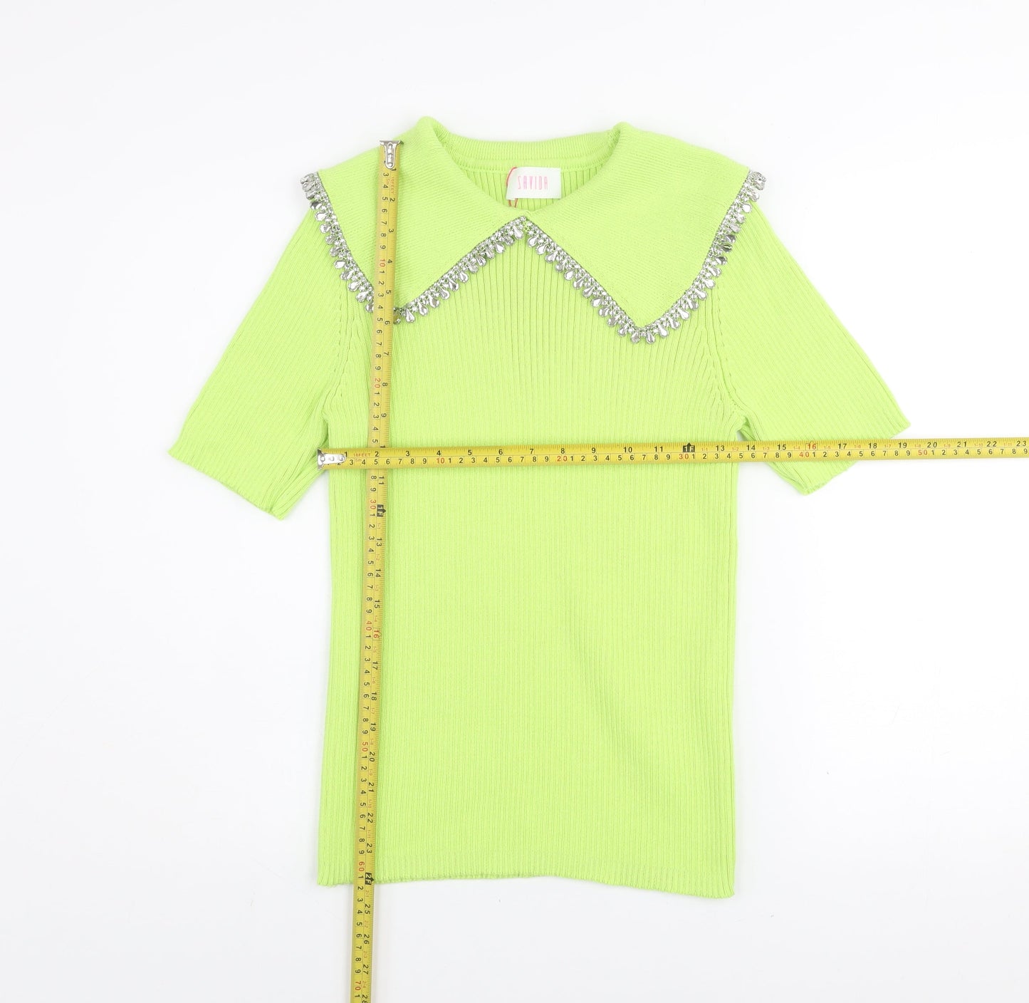 Savida Womens Green Beaded Collar Short Sleeve Knit Top Size 12