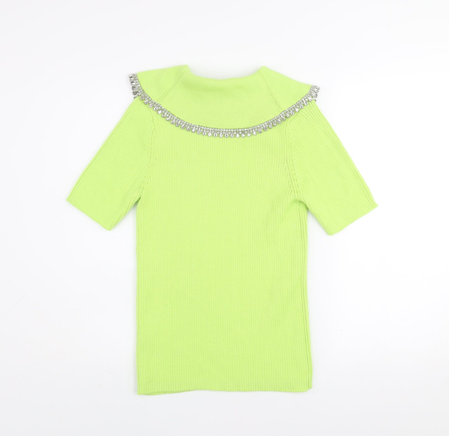 Savida Womens Green Beaded Collar Short Sleeve Knit Top Size 12