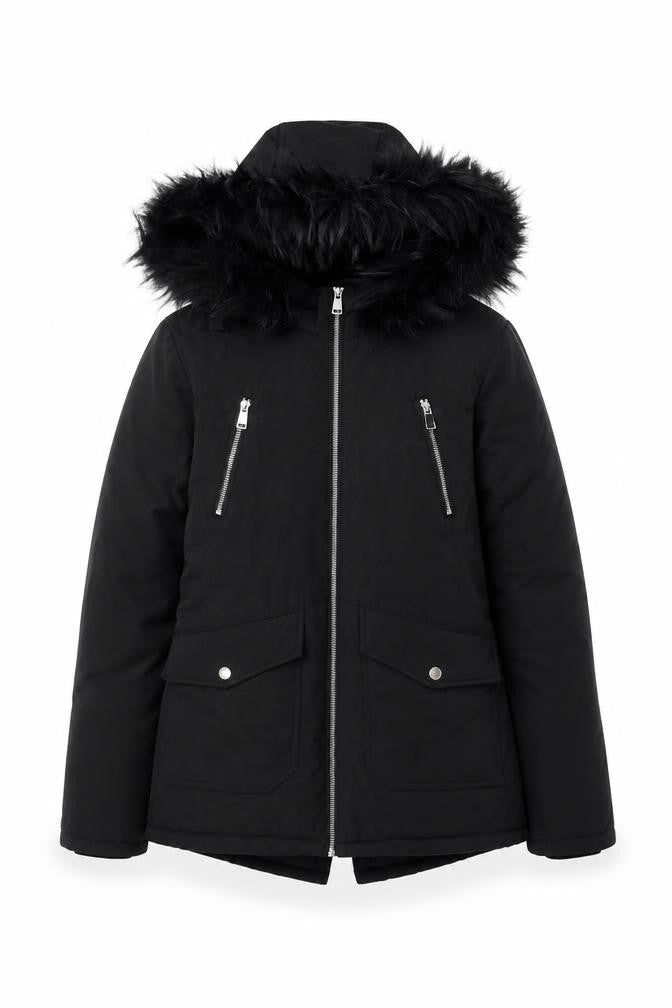 Primark Womens Black Fur Trim Hooded Parka Jacket 2XS