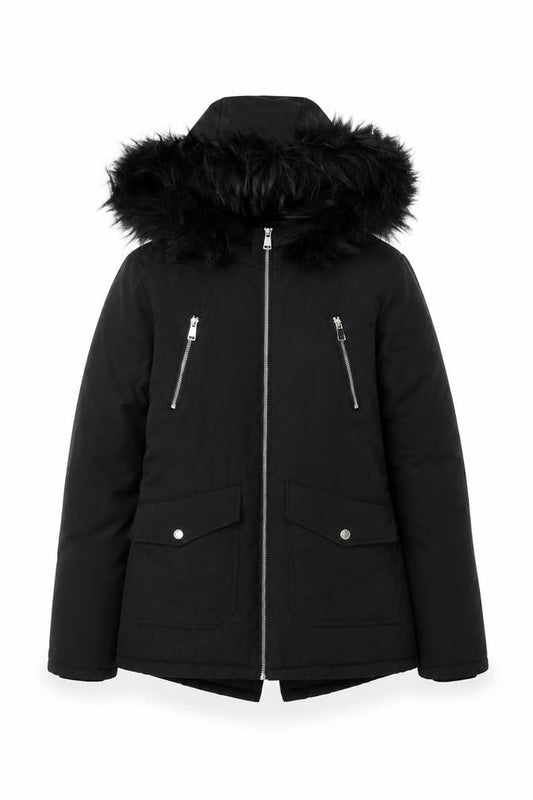 Primark Womens Black Fur Trim Hooded Parka Jacket 2XS