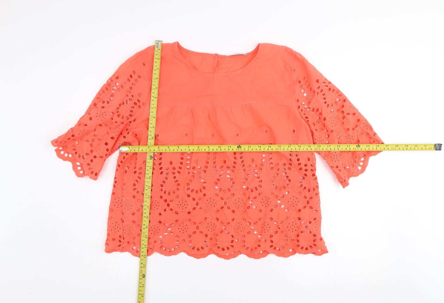 Gallery Women's Orange Eyelet Cotton Blouse UK L 3/4 Sleeve Tunic Style