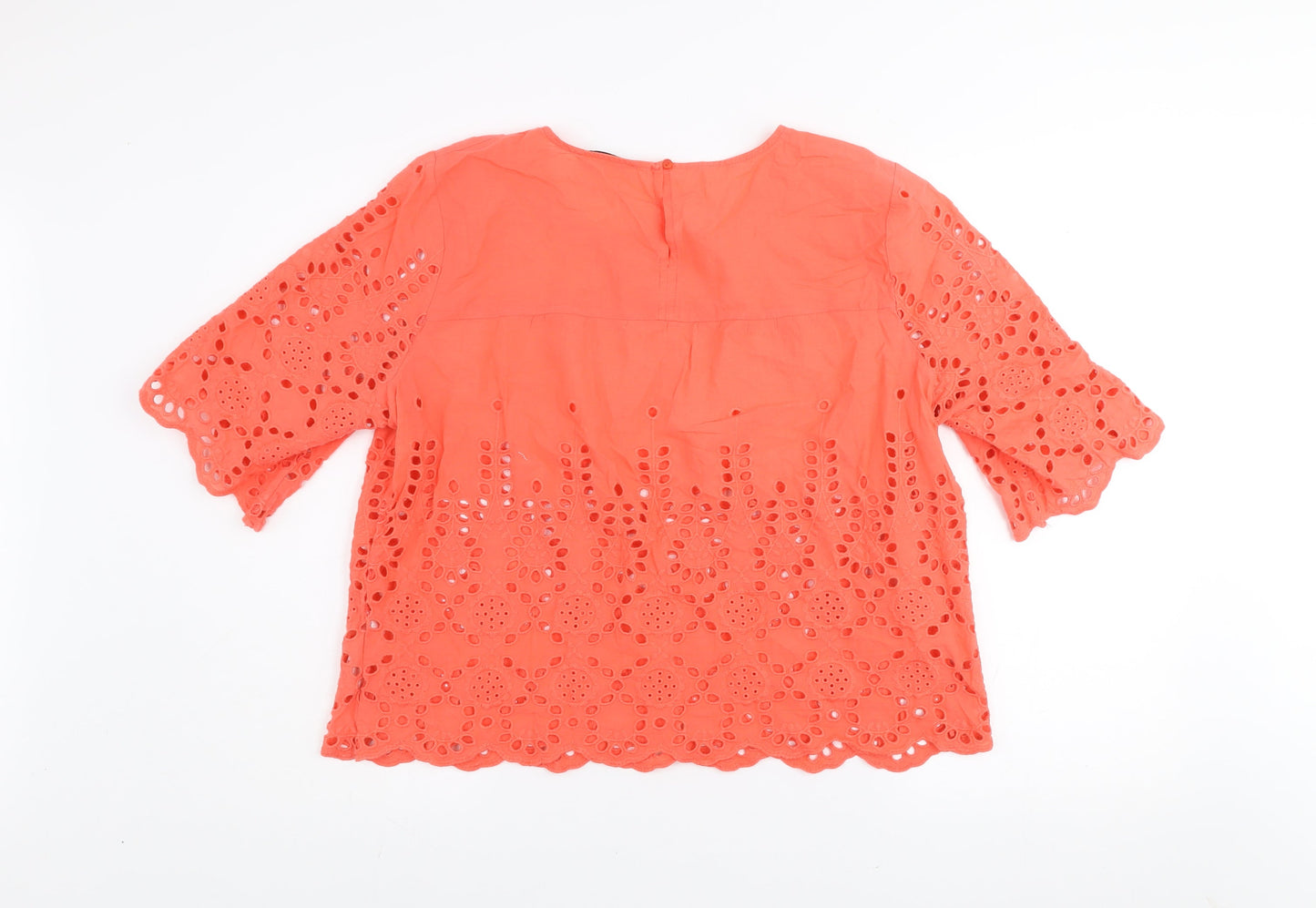 Gallery Women's Orange Eyelet Cotton Blouse UK L 3/4 Sleeve Tunic Style