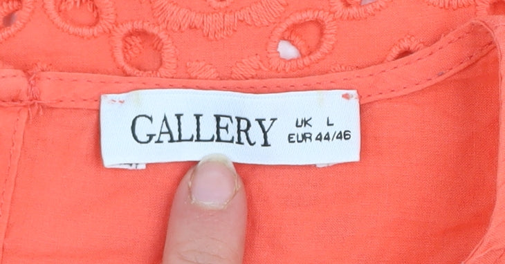 Gallery Women's Orange Eyelet Cotton Blouse UK L 3/4 Sleeve Tunic Style