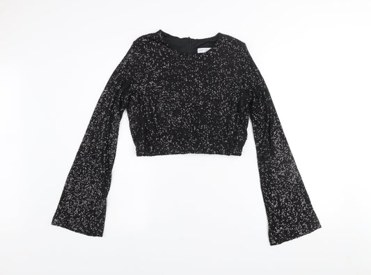 Eight Paris Women's Black Sequin Cropped Blouse Long Sleeve Size M