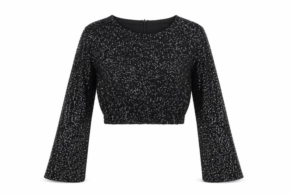Eight Paris Women's Black Sequin Cropped Blouse Long Sleeve Size M