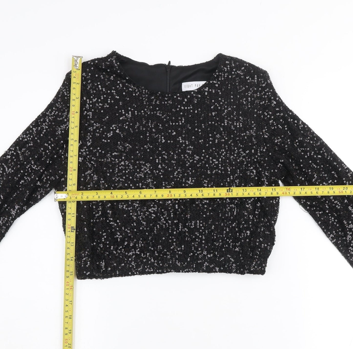 Eight Paris Women's Black Sequin Cropped Blouse Long Sleeve Size M