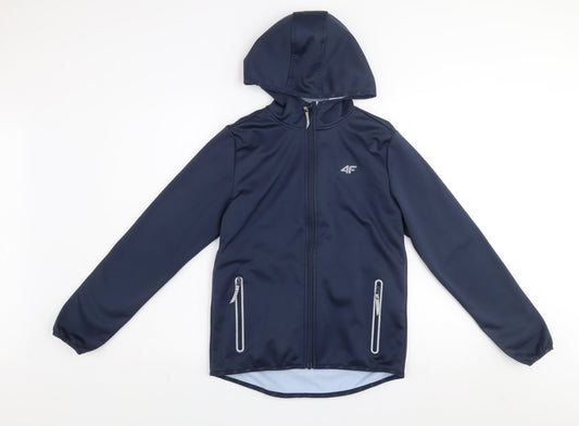 4F Boys Blue Softshell Hooded Jacket Size 158 Full Zip Water Resistant