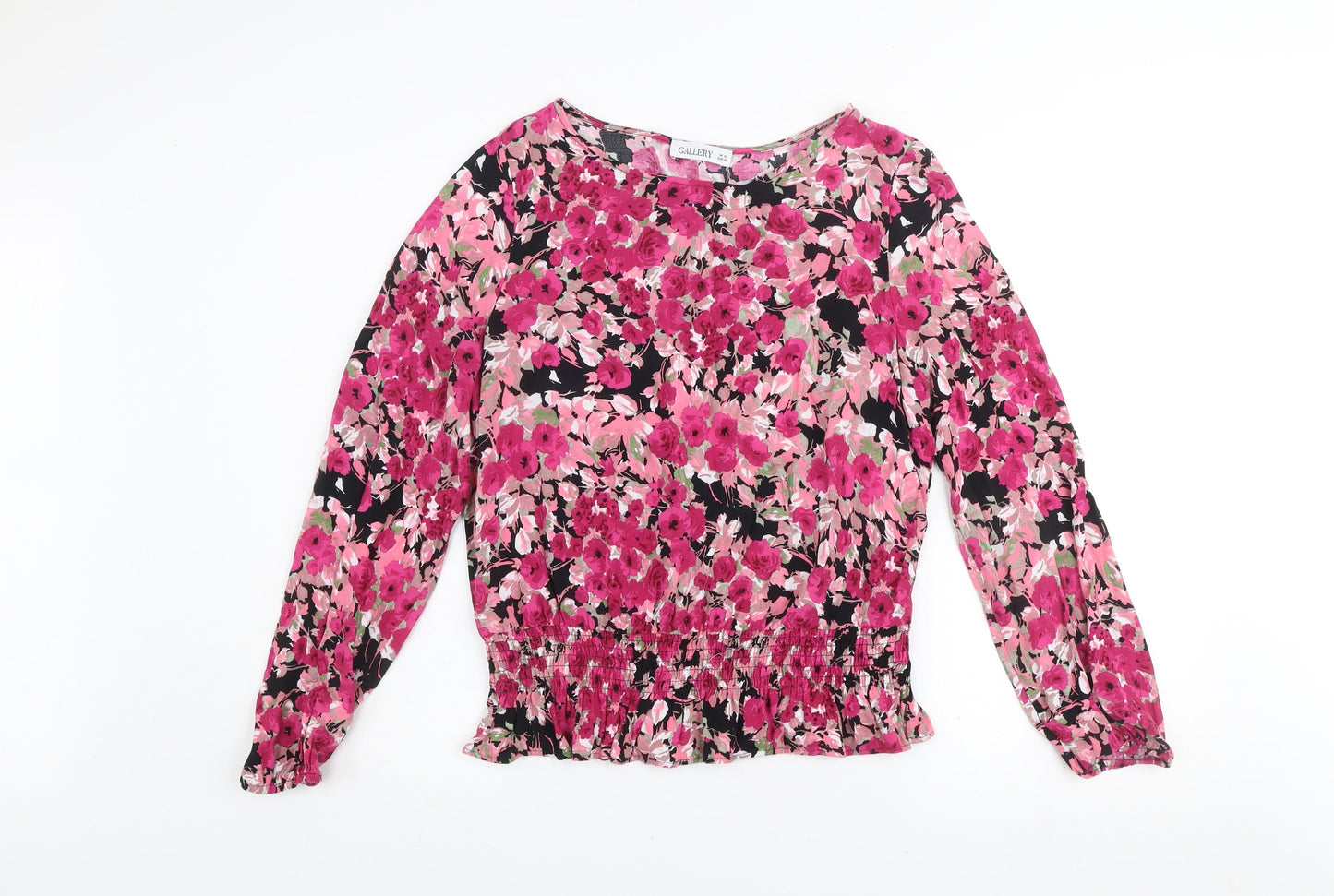 Gallery Women’s Floral Blouse Pink Black Viscose UK 12 Long Sleeve