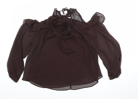 River Island Women's Brown Chiffon Cold Shoulder Ruffle Blouse Size 10