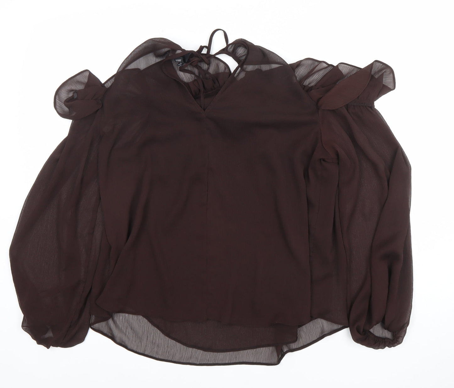 River Island Women's Brown Chiffon Cold Shoulder Ruffle Blouse Size 10