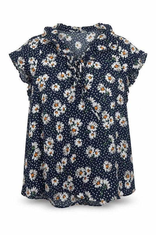 Dunnes Women's Blue Floral Ruffle V-Neck Blouse Size 10