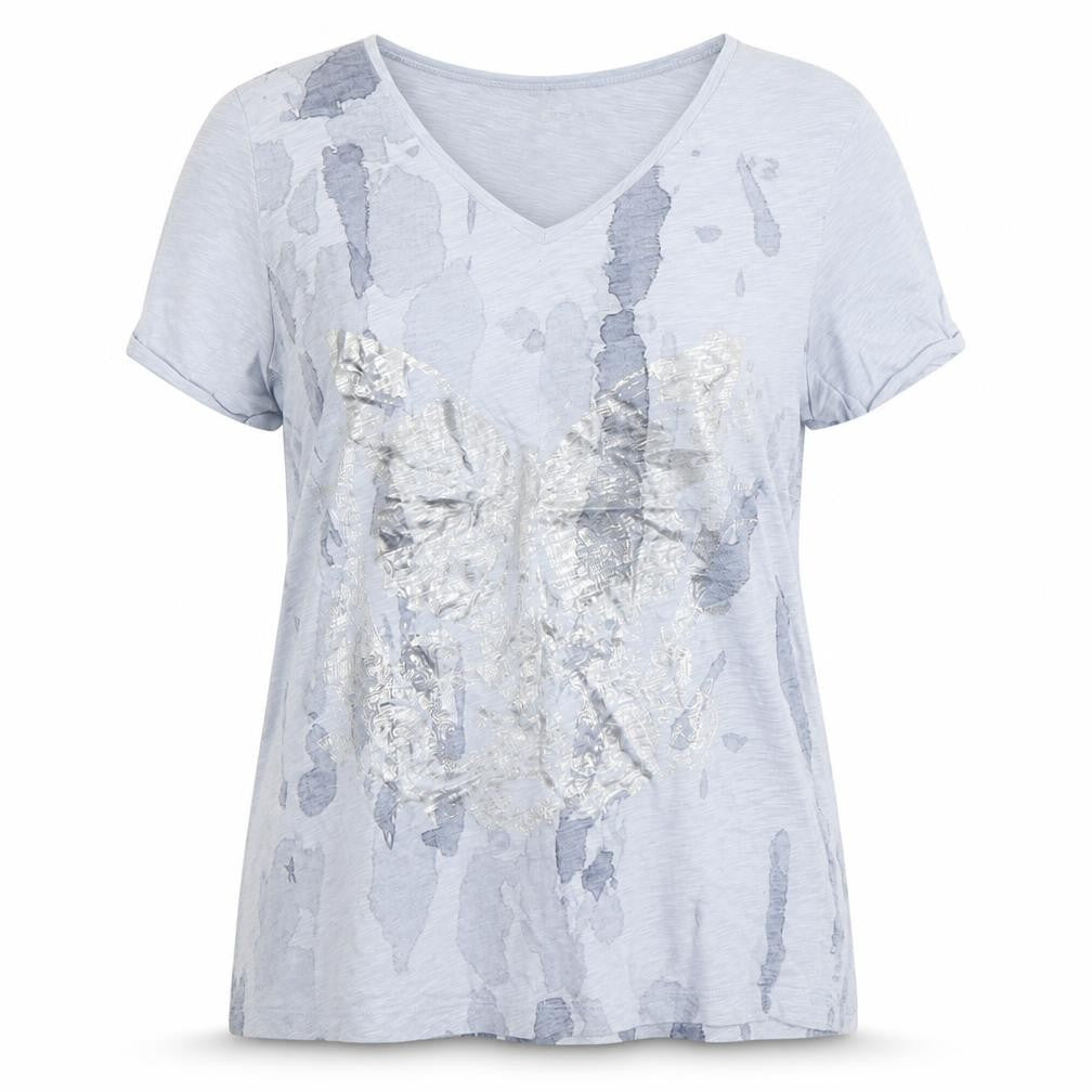 EVA KAYAN Women's Blue Butterfly V-Neck Cotton T-Shirt Size 14