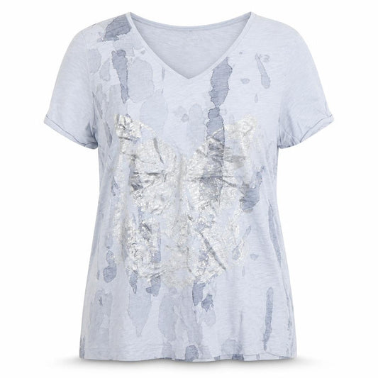 EVA KAYAN Women's Blue Butterfly V-Neck Cotton T-Shirt Size 14