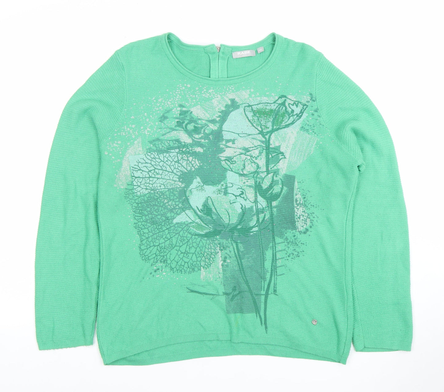 Rabe Women Green Floral Knit Cotton Blend Pullover Jumper Size 12